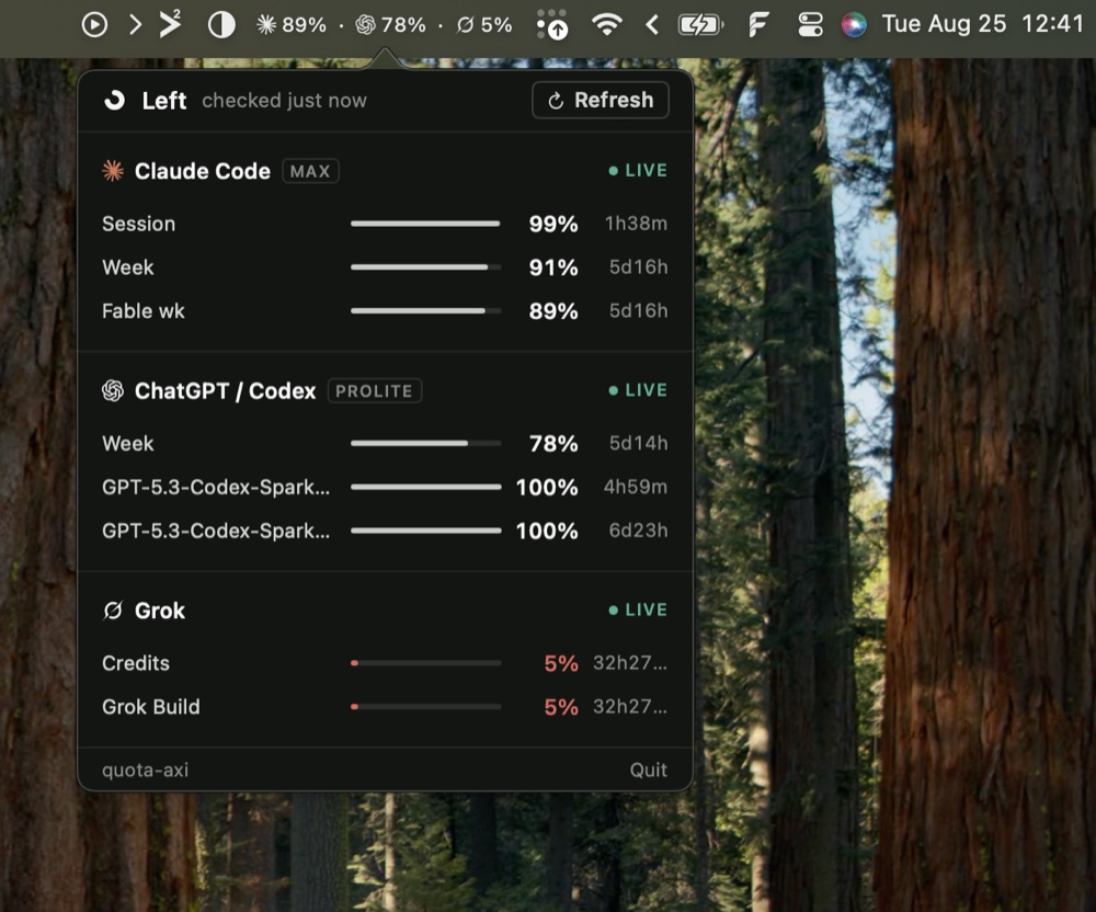 Left in the macOS menu bar showing 89 percent, 78 percent and 5 percent, with its panel open listing Claude Code, ChatGPT/Codex and Grok and the time left on each window.